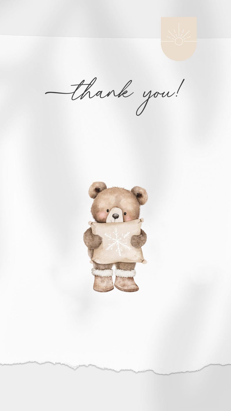 Puede incluir: Ilustraci&oacute;n en acuarela de un oso de peluche marr&oacute;n sosteniendo una almohada beige con un dise&ntilde;o de copo de nieve blanco. El oso lleva botas a juego con ribete de piel sint&eacute;tica. Las palabras "thank you!" est&aacute;n escritas en elegante escritura.
