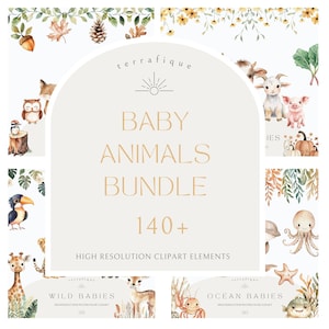 Pacchetto di clipart di cuccioli di animali, acquerello carino, safari nel bosco, fattoria, oceano, animali marini, baby shower, compleanno, PNG, licenza per uso commerciale