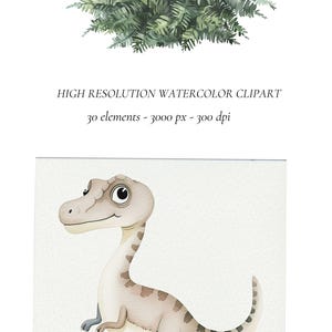 K&ouml;nnte beinhalten: Aquarell-Illustration eines niedlichen Cartoon-Dinosauriers mit gro&szlig;en Augen. Der Dinosaurier steht auf wei&szlig;em Hintergrund. Die Illustration ist Teil eines Sets mit 30 Aquarell-Clipart-Elementen, jedes mit einer Gr&ouml;&szlig;e von 3000 Pixeln bei 300 dpi.