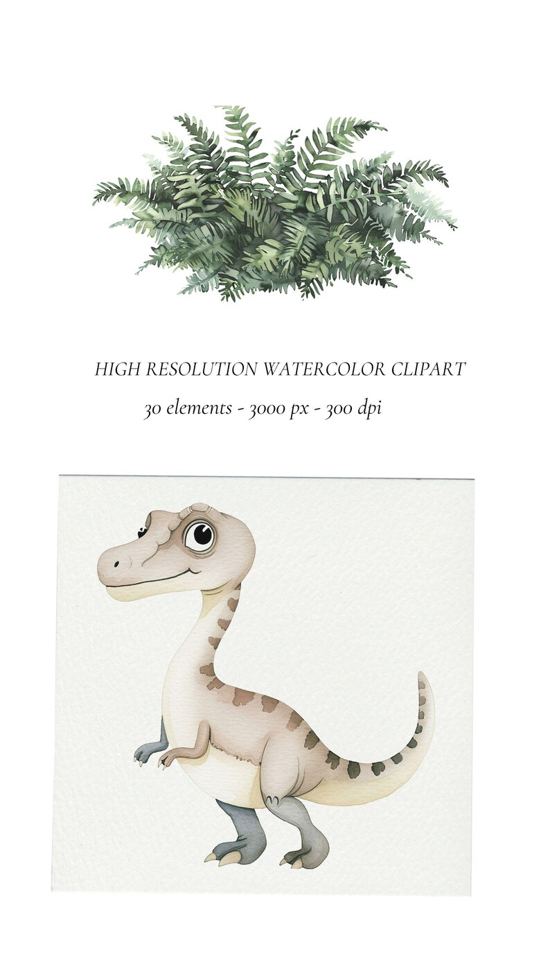 K&ouml;nnte beinhalten: Aquarell-Illustration eines niedlichen Cartoon-Dinosauriers mit gro&szlig;en Augen. Der Dinosaurier steht auf wei&szlig;em Hintergrund. Die Illustration ist Teil eines Sets mit 30 Aquarell-Clipart-Elementen, jedes mit einer Gr&ouml;&szlig;e von 3000 Pixeln bei 300 dpi.