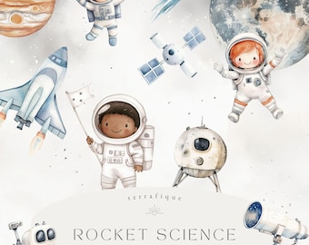 Watercolor Astronaut Clipart Set: Space Rocket Graphics (Commercial Use, Digital Download)