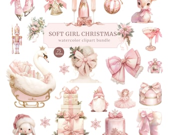Pink Christmas Clipart Bundle: Coquette Watercolor Bows (PNG, Commercial Use)