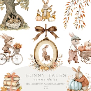 Vintage Bunny Clipart Herbst Aquarell niedlichen Kaninchen Kürbisse Rahmen Cottagecore kommerzielle Nutzung Geburtstagsparty Baby Shower Sublimation PNG