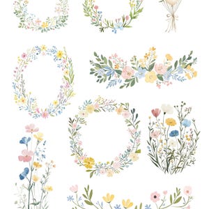 May include: A set of watercolor illustrations featuring floral wreaths, bouquets, and other floral designs. The illustrations are in shades of pink, blue, yellow, and green. The text "Silly Goose Merriment" and "High Resolution Watercolor Clipart" is included in the image.