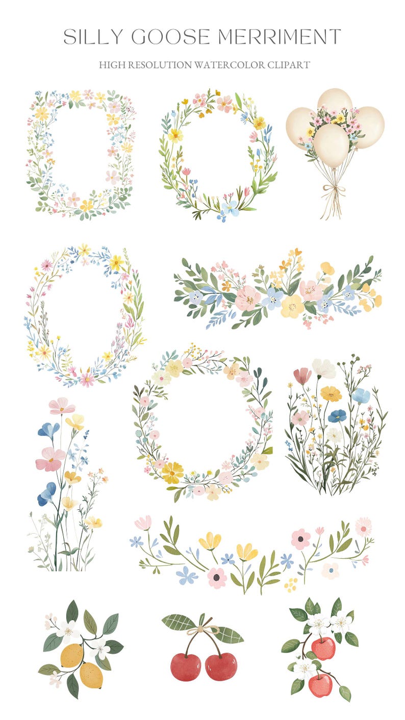 May include: A set of watercolor illustrations featuring floral wreaths, bouquets, and other floral designs. The illustrations are in shades of pink, blue, yellow, and green. The text "Silly Goose Merriment" and "High Resolution Watercolor Clipart" is included in the image.