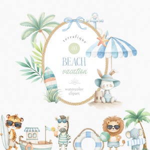 Può includere: Clipart ad acquerello con tema vacanze al mare. L'immagine include una cornice circolare con testo, un coniglietto, una tigre, una zebra, un leone e un elefante, tutti in abbigliamento da spiaggia. La tavolozza dei colori è tenue, con blu, verdi e toni sabbia.