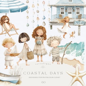 Clipart costero Lindos niños Boho Verano Decoración náutica Vacaciones de verano Conchas marinas Patrones sin costura Clipart de uso comercial Invitaciones de cumpleaños