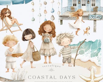 Coastal Clipart, Watercolor Boho Beach Kids Summer PNG, Seaside Holiday Graphics, Coastal Nursery Bundle, Commercial Use Digital Download