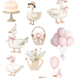 May include: Watercolor clipart set featuring a variety of cute geese, including a goose wearing a party hat, a goose wearing a hat, and a goose wearing a pink bow. The set also includes a cake, a basket of eggs, a watering can with flowers, a gift box, and balloons.