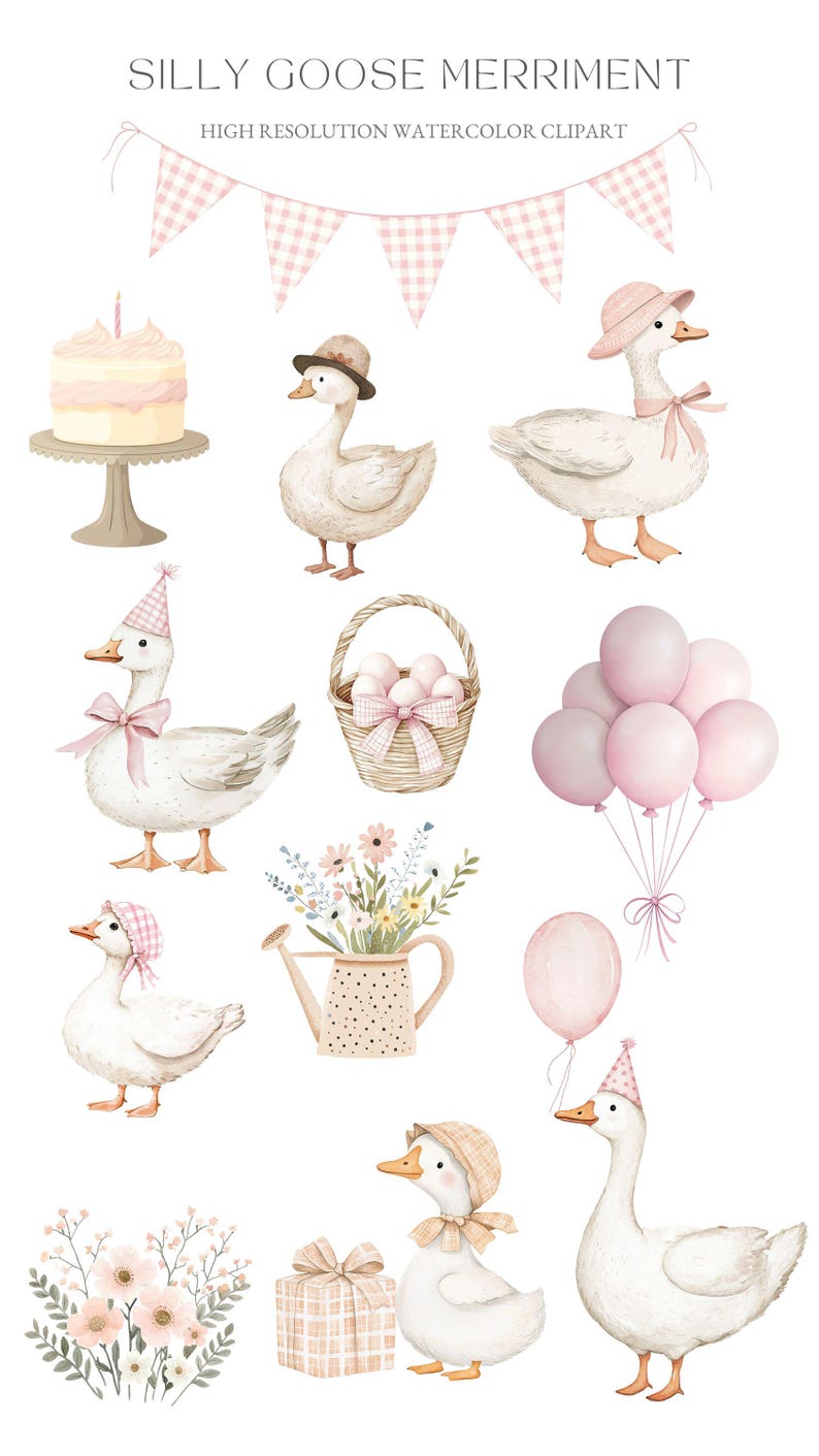 May include: Watercolor clipart set featuring a variety of cute geese, including a goose wearing a party hat, a goose wearing a hat, and a goose wearing a pink bow. The set also includes a cake, a basket of eggs, a watering can with flowers, a gift box, and balloons.