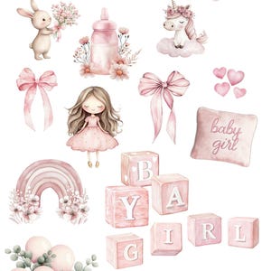 May include: Pink and white watercolor illustrations of a baby girl nursery theme.  The illustrations include a unicorn, a rainbow, a train, a baby bottle, a girl with long hair, a bunny, a cloud with an elephant, a pillow with the text "baby girl", and blocks that spell "baby girl".