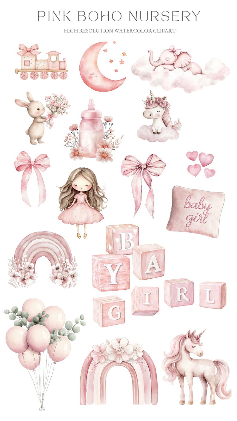 May include: Pink and white watercolor illustrations of a baby girl nursery theme.  The illustrations include a unicorn, a rainbow, a train, a baby bottle, a girl with long hair, a bunny, a cloud with an elephant, a pillow with the text "baby girl", and blocks that spell "baby girl".