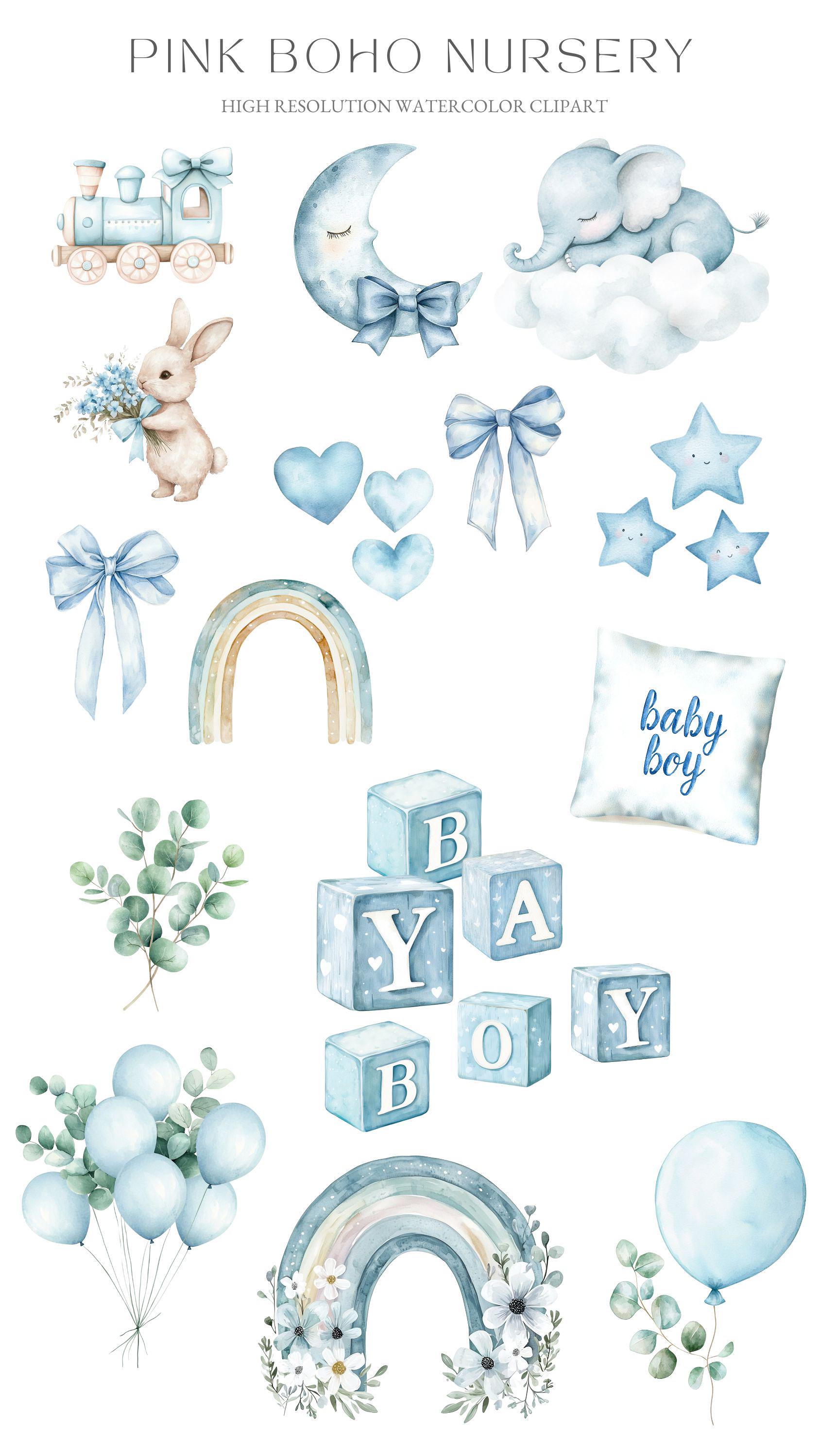 Blue Boho Nursery Clipart: Watercolor Baby Animals (digital Download ...