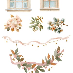 K&ouml;nnte beinhalten: Aquarell-Clipart-Set mit festlichen Elementen. Enth&auml;lt Bogenfenster mit Kr&auml;nzen, Blumenarrangements, Girlanden und einen Kranz mit rosa Schleife. Der Text oben lautet "THE NUTCRACKER" und "HIGH RESOLUTION WATERCOLOR CLIPART".