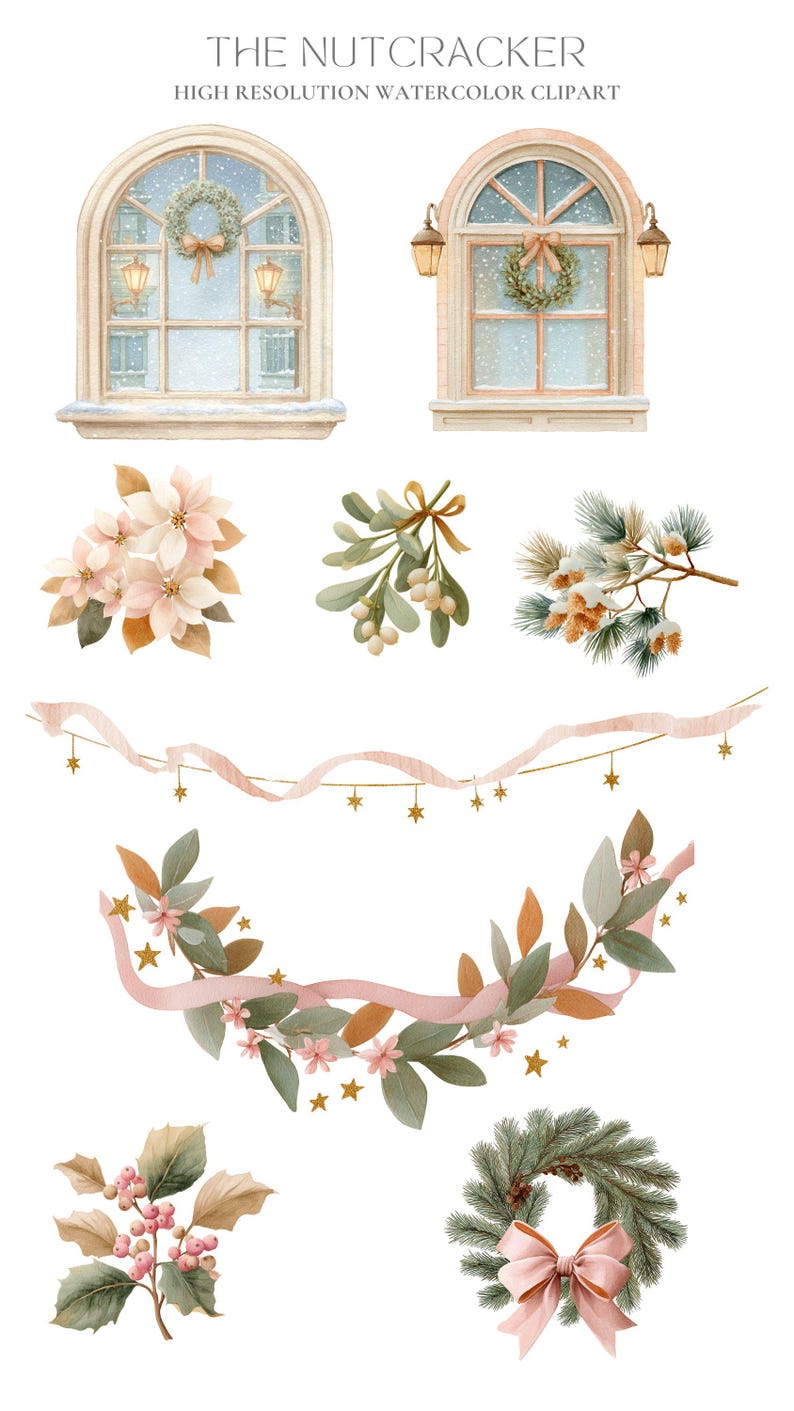 K&ouml;nnte beinhalten: Aquarell-Clipart-Set mit festlichen Elementen. Enth&auml;lt Bogenfenster mit Kr&auml;nzen, Blumenarrangements, Girlanden und einen Kranz mit rosa Schleife. Der Text oben lautet "THE NUTCRACKER" und "HIGH RESOLUTION WATERCOLOR CLIPART".