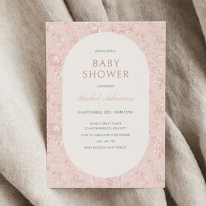 Invitaciones para baby shower de Toile de Jouy, niña rosa, plantilla editable en Canva, tarjeta imprimible digital para móvil, tarjeta elegante con diseño floral para niña