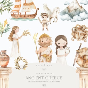 Clipart mitologia greca Antica Grecia Carino Acquerello Bambini stravaganti Clipart Uso commerciale Olimpo greco Dei Eroi Miti Leggende Clipart