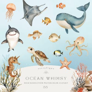 Animais marinhos fofos clipart oceano subaquático vida marinha caprichoso aquarela animal crianças berçário aniversário chá de bebê uso comercial clipart conjunto