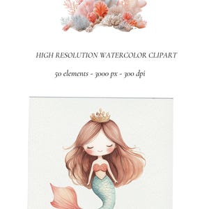Puede incluir: Ilustraci&oacute;n de acuarela de una sirena con cabello largo casta&ntilde;o que lleva una corona dorada y una cola turquesa. La sirena sonr&iacute;e y tiene los ojos cerrados. El fondo es azul claro.