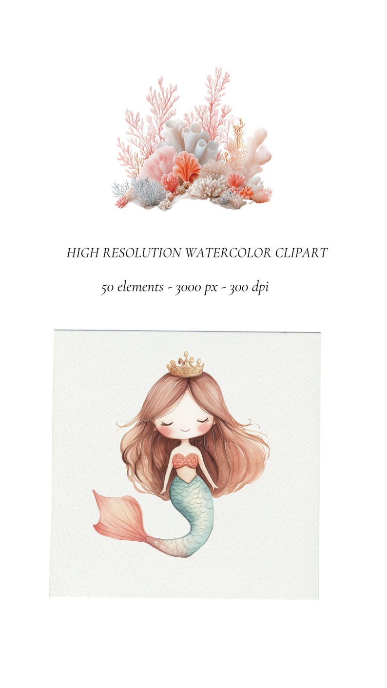 Puede incluir: Ilustraci&oacute;n de acuarela de una sirena con cabello largo casta&ntilde;o que lleva una corona dorada y una cola turquesa. La sirena sonr&iacute;e y tiene los ojos cerrados. El fondo es azul claro.