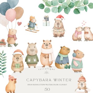 May include: Watercolor clipart featuring capybaras in winter attire. The illustrations include capybaras wearing scarves, hats, and sweaters, some with skis, balloons, and gifts. The text "CAPYBARA WINTER" and "HIGH RESOLUTION WATERCOLOR CLIPART" is also present.