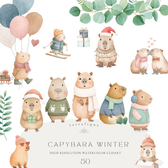 Watercolor Winter Capybara Clipart: Holiday Graphics (PNG, Commercial Use)