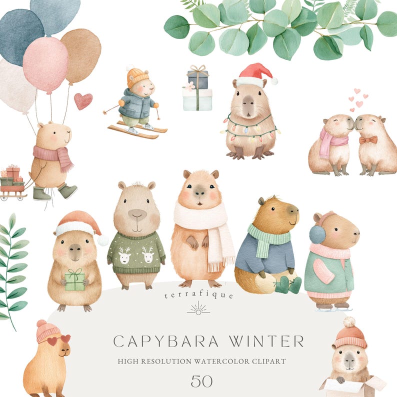 May include: Watercolor clipart featuring capybaras in winter attire. The illustrations include capybaras wearing scarves, hats, and sweaters, some with skis, balloons, and gifts. The text "CAPYBARA WINTER" and "HIGH RESOLUTION WATERCOLOR CLIPART" is also present.
