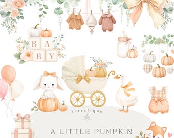 Clipartset kleine pompoen: aquarel kinderkamer en babyshower-afbeeldingen (PNG, digitale download)