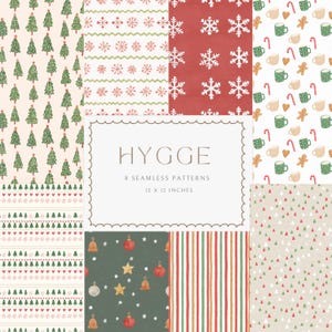 Könnte beinhalten: Eine Sammlung von acht nahtlosen Weihnachtsmustern, jeweils 30,48 x 30,48 cm, mit festlichen Designs. Die Muster umfassen Weihnachtsbäume, Schneeflocken, Ornamente und Weihnachtsleckereien. Das Wort "HYGGE" wird in der Mitte angezeigt.