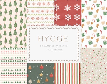 Puede incluir: Una colección de ocho patrones navideños sin costuras, cada uno de 30,48 x 30,48 cm, con diseños festivos. Los patrones incluyen árboles de Navidad, copos de nieve, adornos y dulces navideños. La palabra "HYGGE" se muestra en el centro.