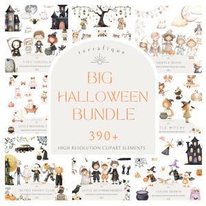 Halloween Clipart Bundle, 8 Aquarell-Sets PNG, gruselige niedliche Halloween-Grafiken, Vintage Retro Gothic Hexengeist, kommerzielle Nutzung
