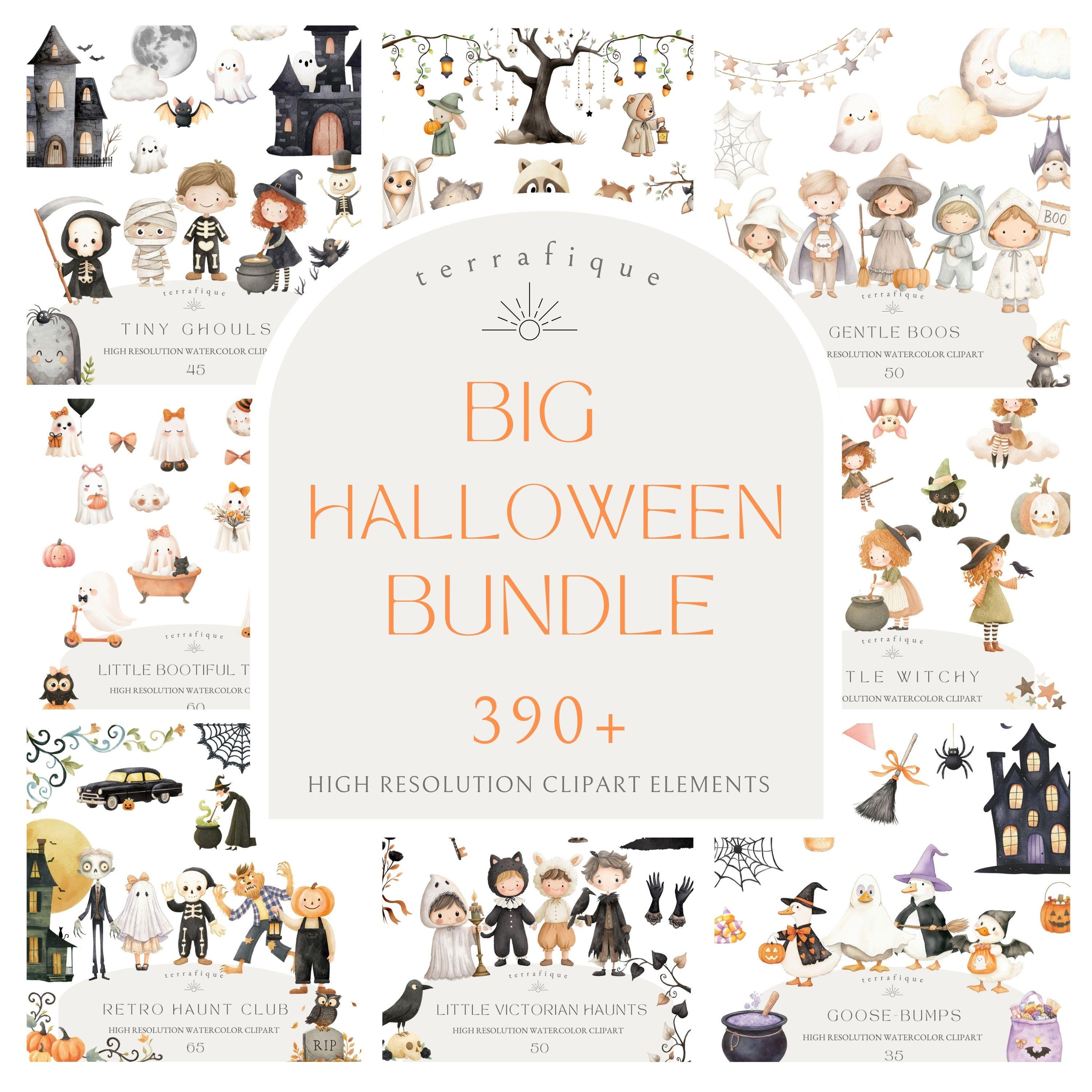 Halloween Clipart Mega Bundle Cute Whimsical Watercolor Ghosts Witches Vintage Animals Retro PNG Sublimation Free Commercial Use License