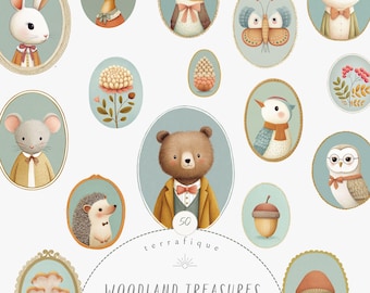 Woodland Animals Clipart, Vintage Portrait Frames (PNG Digital Download)