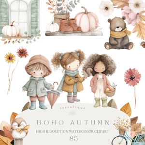 Op de afbeelding: Waterverfillustratie met een Boho Autumn thema. De afbeelding bevat pompoenen, laarzen, een beer en drie kinderen. De tekst "BOHO AUTUMN" en "HIGH RESOLUTION WATERCOLOR CLIPART 85" zijn ook aanwezig.