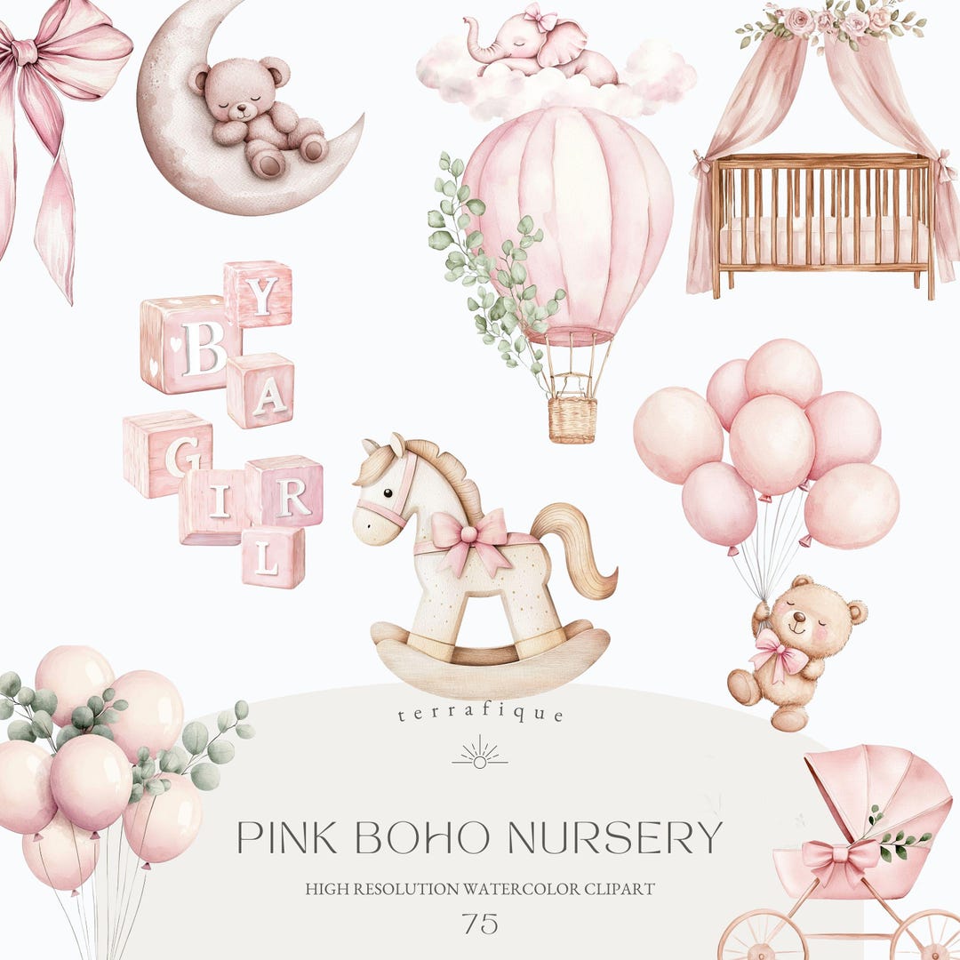 Pink Boho Nursery Clipart: Watercolor Baby Girl Animals (digital ...