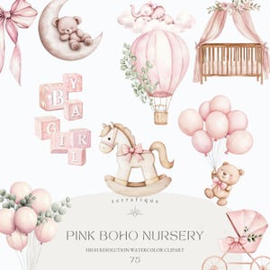 Clipart per vivaio Boho rosa Bambina Neonata Acquerello Orsetto Elefante Leone Giocattoli Vestiti Baby Shower Compleanno Invito Uso commerciale
