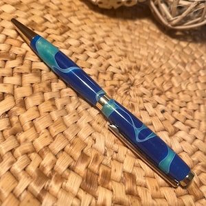 SR6  Blue Steel - Beautiful Hand Turned Deep Blue & Light Blue Resin Slimline Pen with Gold Accents - Graduation Gift, Gift for Writers