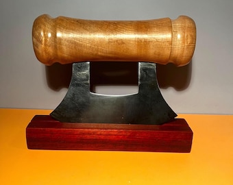 K6 - Ulu Knife with Hand-made Curly Maple Wood Handle & Stainless Steel Blade -  Padauk Stand