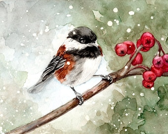 Winter Chickadee in the Snow - watercolor painting archival print - 5x7
