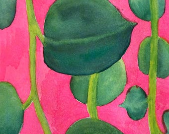 String of Pearls close up on a hot pink background - watercolor painting archival print - 5x7