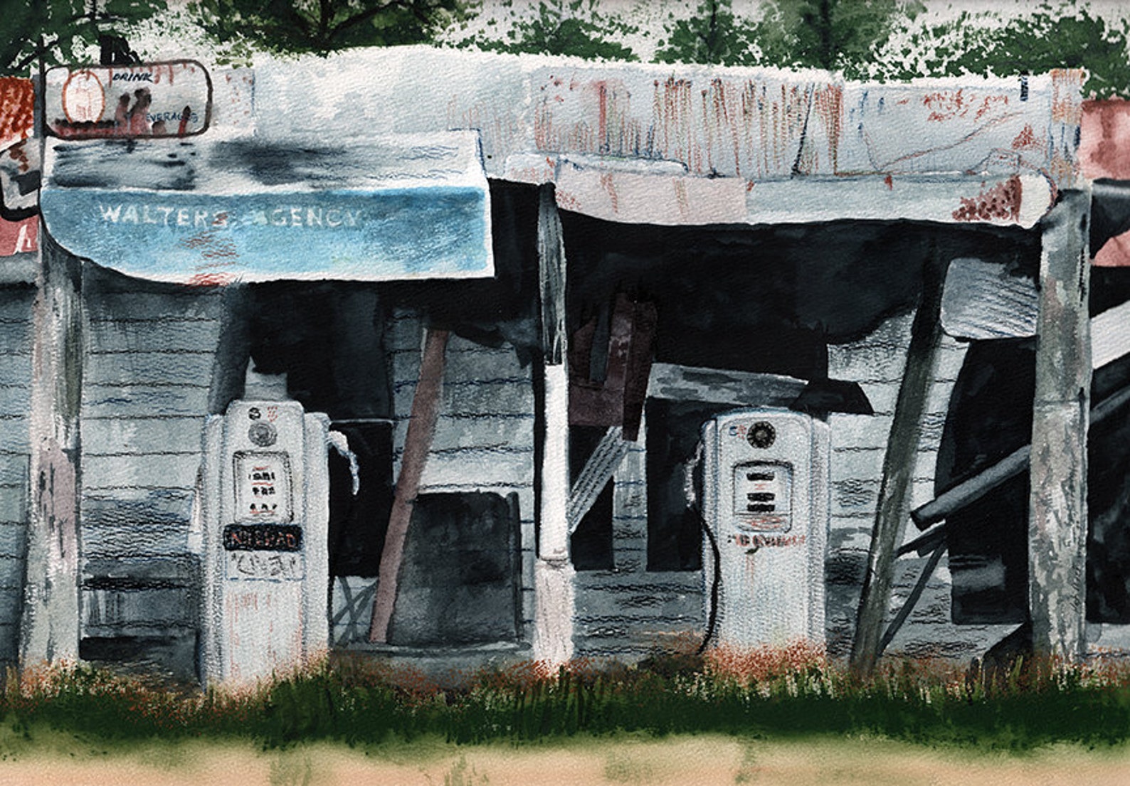 Vintage Gas Station Watercolor Painting Archival Print Etsy