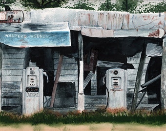 Vintage Gas Station - Watercolor painting archival print - multiple sizes