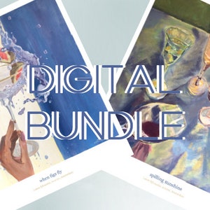 Pode incluir: Duas impressões de arte digital de pinturas abstratas com copos de vinho e coquetéis. A primeira impressão é intitulada "when figs fly" e apresenta um fundo azul e amarelo com um copo de coquetel sendo servido. A segunda impressão é intitulada "spilling sunshine" e apresenta um fundo azul e amarelo com um copo de vinho tinto e outros copos.