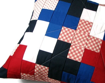 Quilted Pillow Cover 20x20, Patchwork Pillow Sham, 4th of July Decor, Modern Patriotic Pillow, gifts for veterans