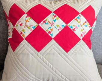 Quilted Pillow Cover 18x18, Modern Patchwork Pillow, Grey and Pink Pillow Sham, Cushion Cover