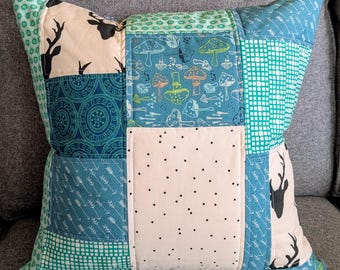 Woodland Pillow Cover, Quilted Pillow Sham, Patchwork Pillow Cover 18x18, Cushion Cover, Geometric Pillow