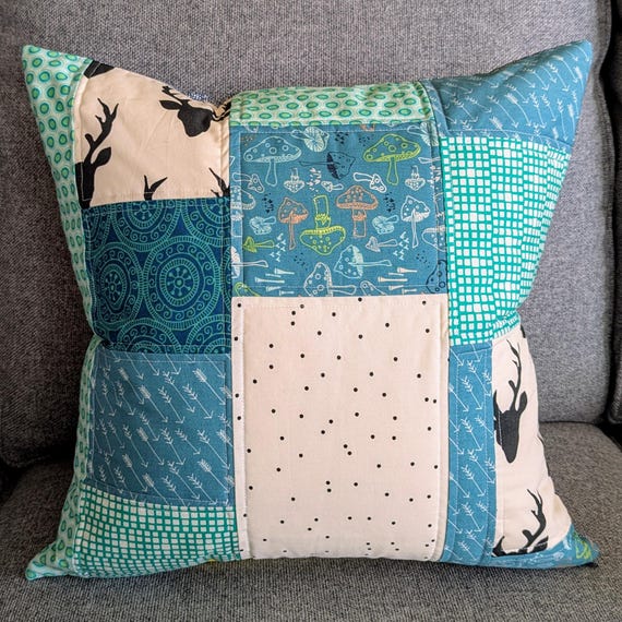 Woodland Pillow Cover, Quilted Pillow Sham, Patchwork Pillow Cover 18x18, Cushion Cover, Geometric Pillow