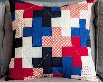 Quilted Pillow Cover 20x20, Patchwork Pillow Sham, 4th of July Decor, Modern Patriotic Pillow, gifts for veterans