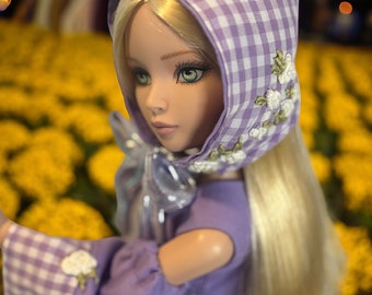 Purple gingham dress and bonnet 16 inch doll like Tonner Ellowyne Wilde, Prudence, Neema, or Lizette dolls