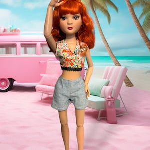 Floral Crop Top & Jeans Shorts Outfit: 16-Zoll BJD Puppenkleidung